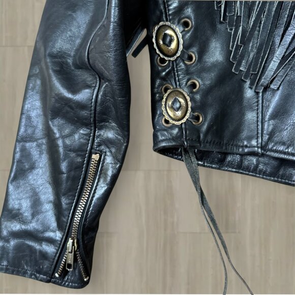 Vintage Park V Black Leather Fringe Jacket Embroidered Roses & Daggers 10 - Picture 6 of 9